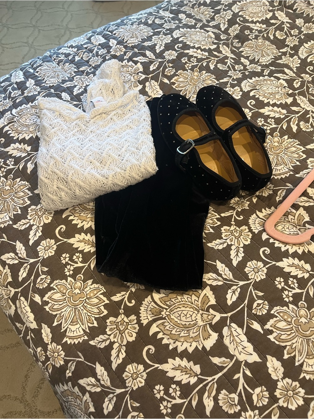 J. Crew Girls White Knit Sweater with Black Velvet Pants & Black Mary Janes
